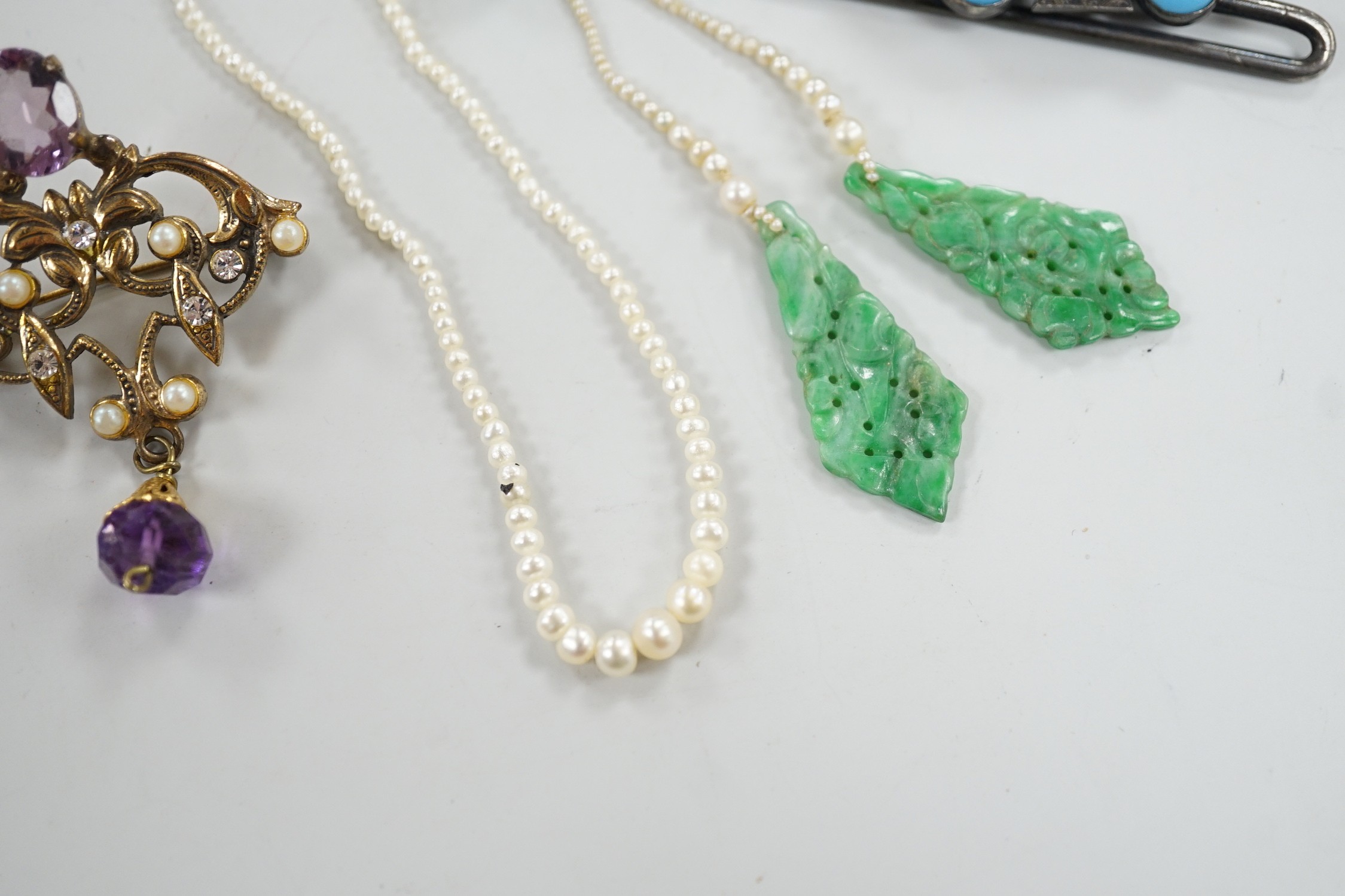 A pair of yellow metal, jade and seed pearl set drop earrings, 7cm, a seed pearl necklace with 9ct clasp, a belt section and a paste set brooch.